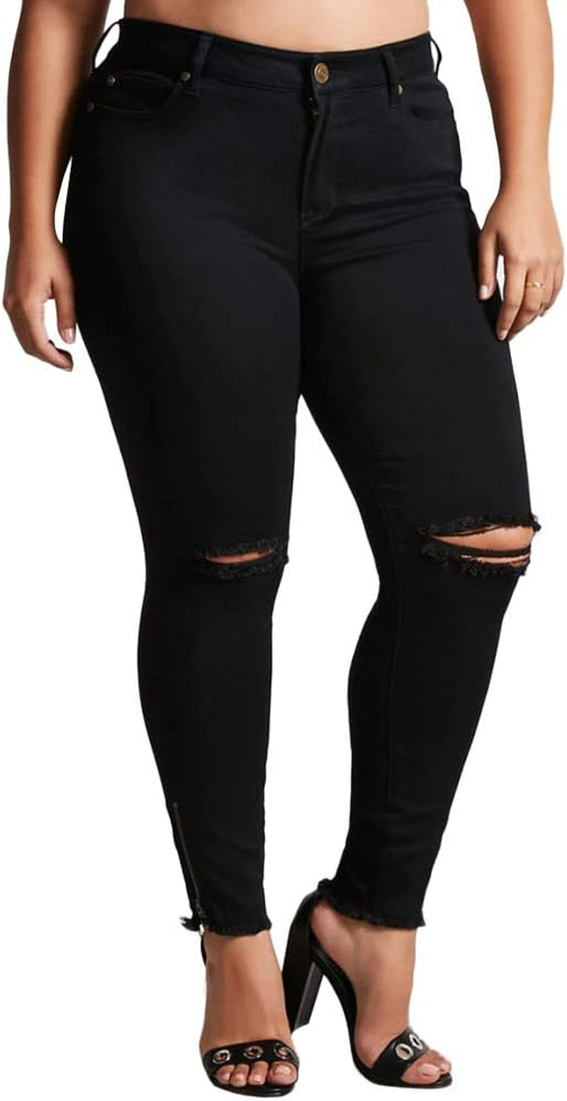Women plus Size Ripped Stretch Skinny Jeans, High Rise Distressed Denim Jegging