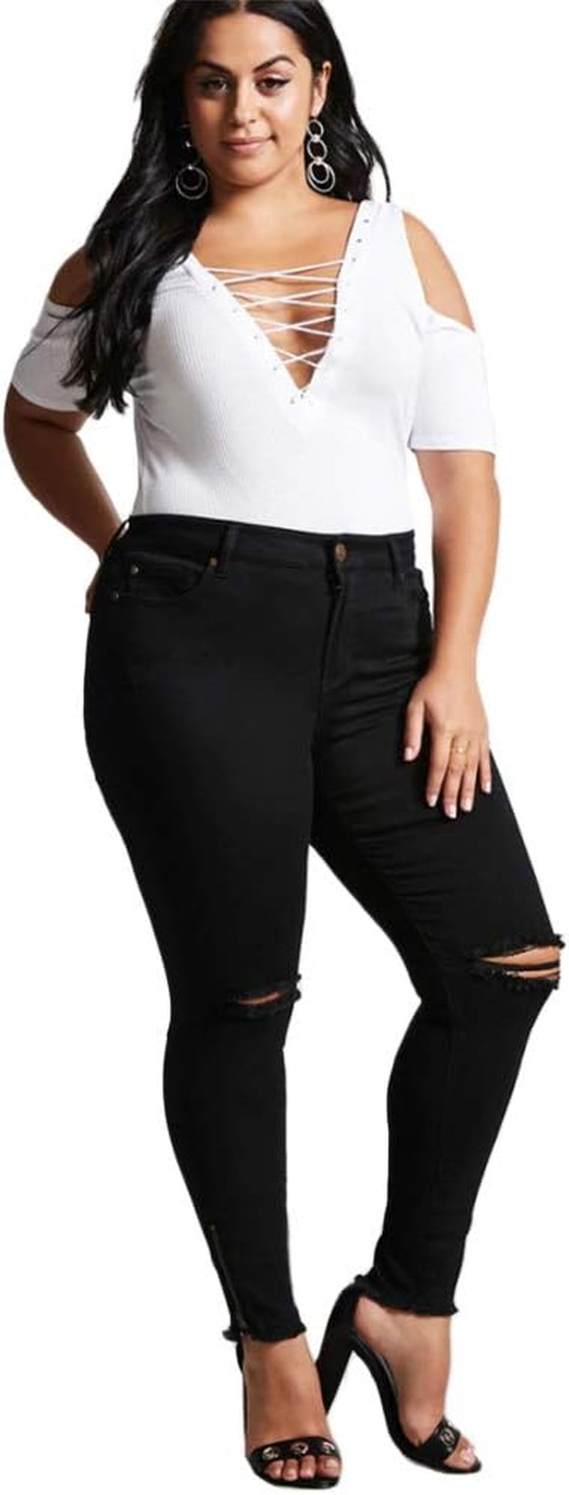 Women plus Size Ripped Stretch Skinny Jeans, High Rise Distressed Denim Jegging