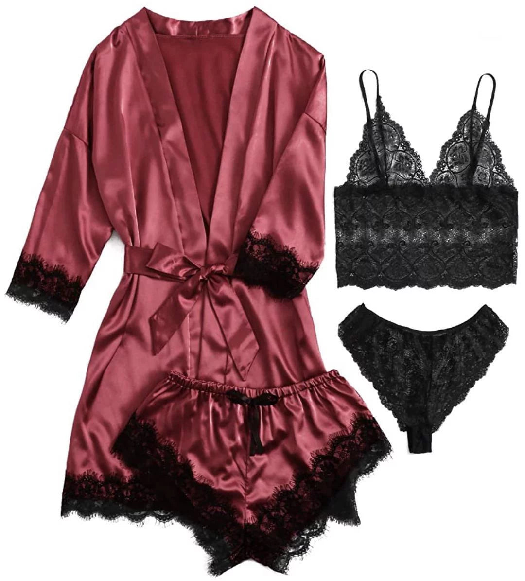 Sexy Lingerie, Silk Satin Pajamas for Women, Womens Summer Pajamas Pjs Sets of 4 Pcs with Floral Lace Top Shorts and Robe, Gift for Women