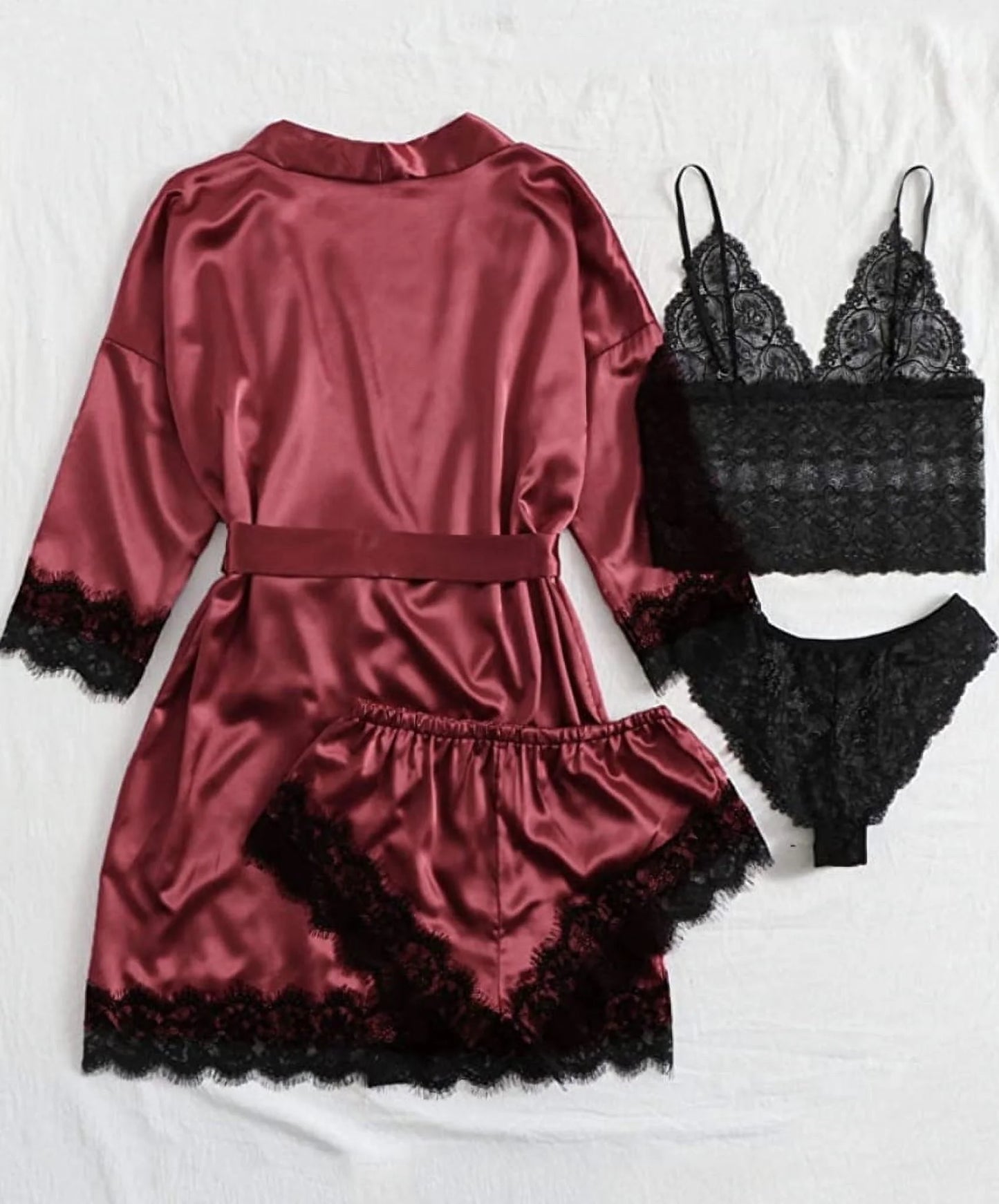 Sexy Lingerie, Silk Satin Pajamas for Women, Womens Summer Pajamas Pjs Sets of 4 Pcs with Floral Lace Top Shorts and Robe, Gift for Women