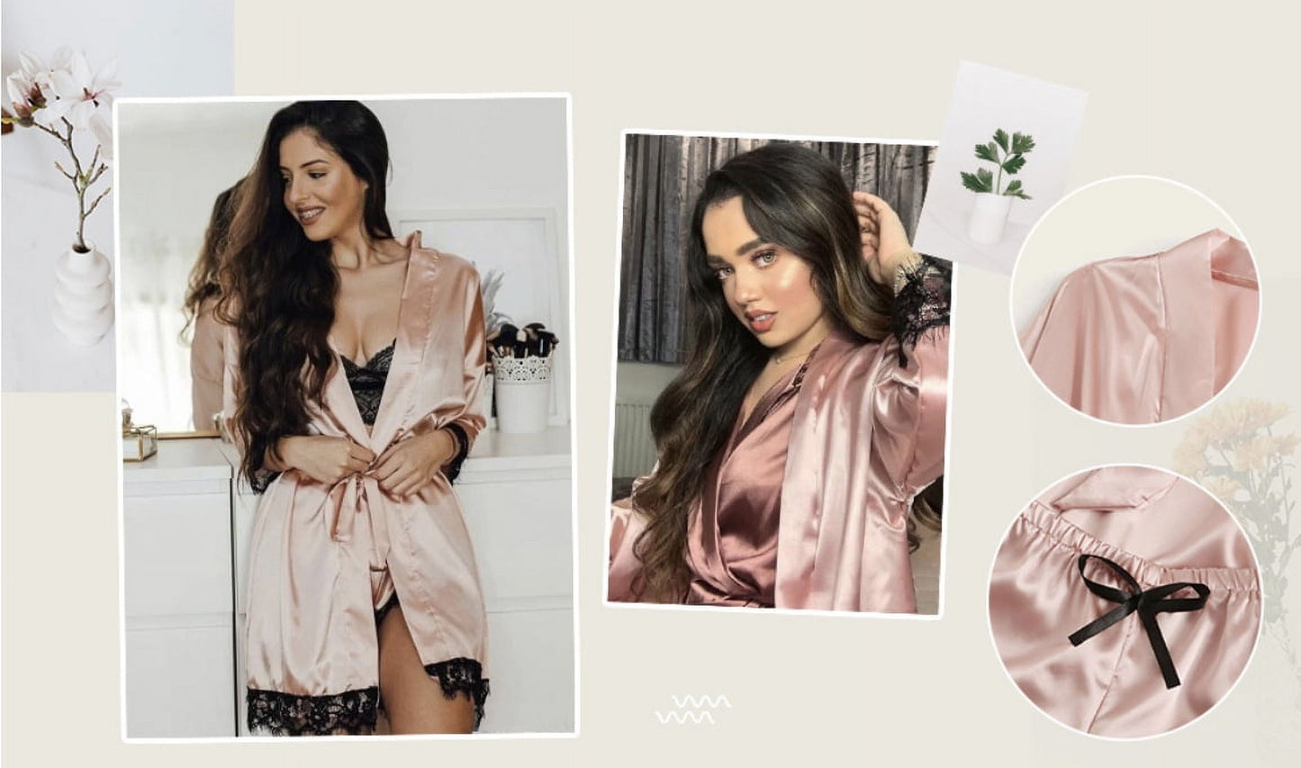 Sexy Lingerie, Silk Satin Pajamas for Women, Womens Summer Pajamas Pjs Sets of 4 Pcs with Floral Lace Top Shorts and Robe, Gift for Women