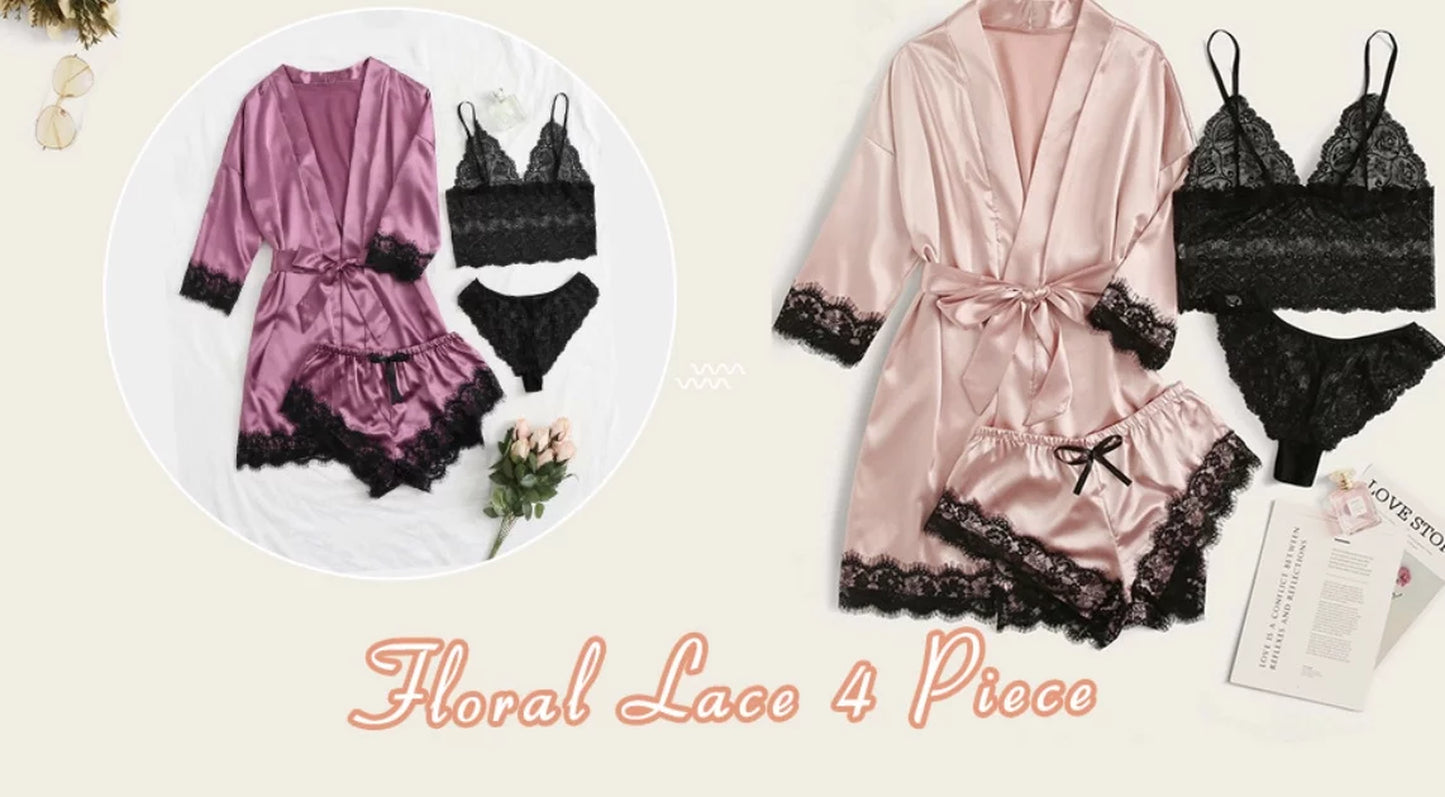 Sexy Lingerie, Silk Satin Pajamas for Women, Womens Summer Pajamas Pjs Sets of 4 Pcs with Floral Lace Top Shorts and Robe, Gift for Women