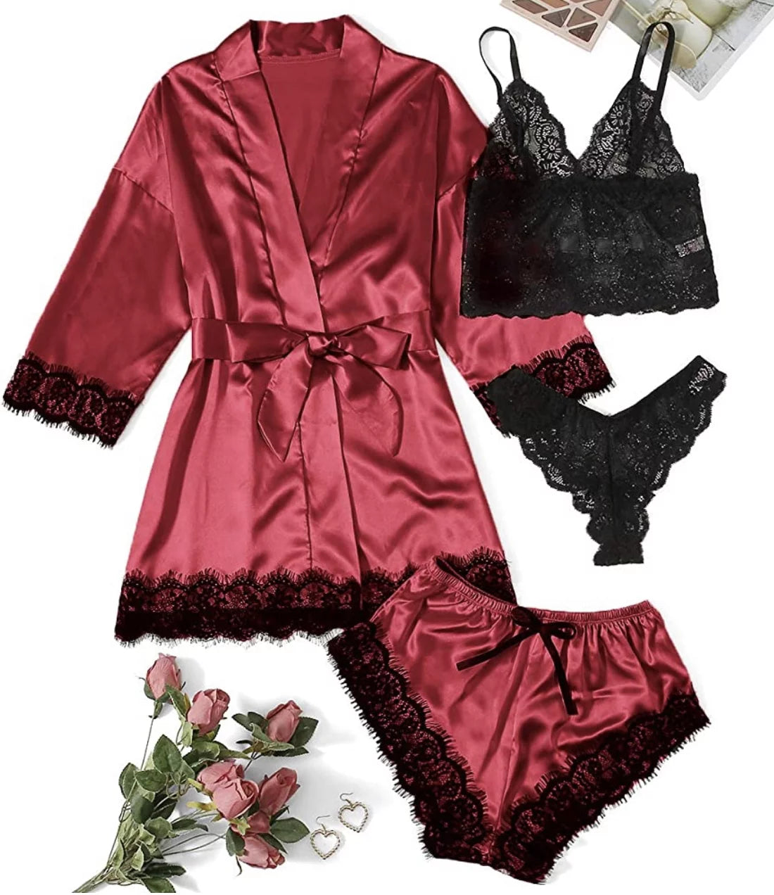 Sexy Lingerie, Silk Satin Pajamas for Women, Womens Summer Pajamas Pjs Sets of 4 Pcs with Floral Lace Top Shorts and Robe, Gift for Women