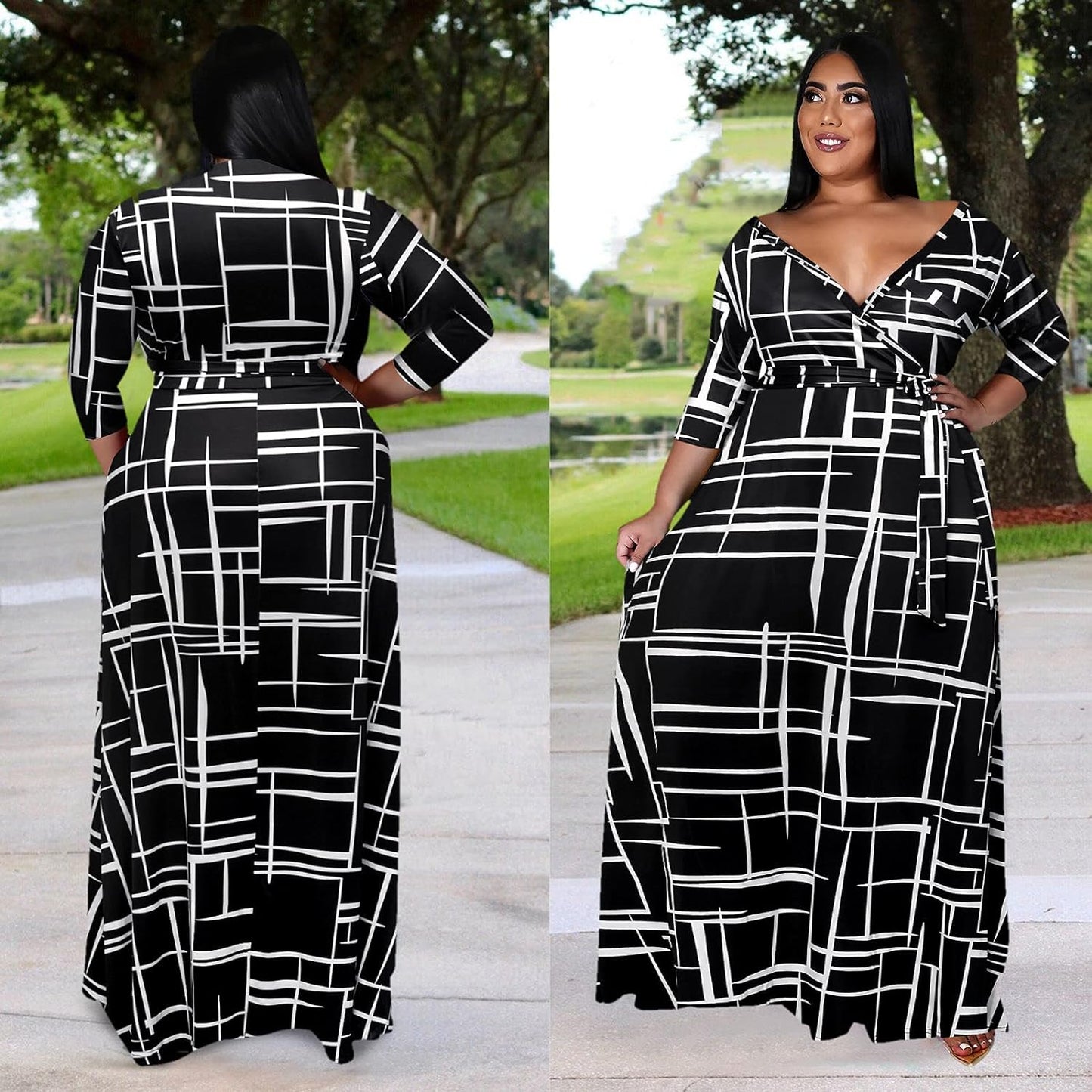 "Chic Plus Size Floral Maxi Dress for Women - Flowy 3/4 Sleeve with Stylish Belt"