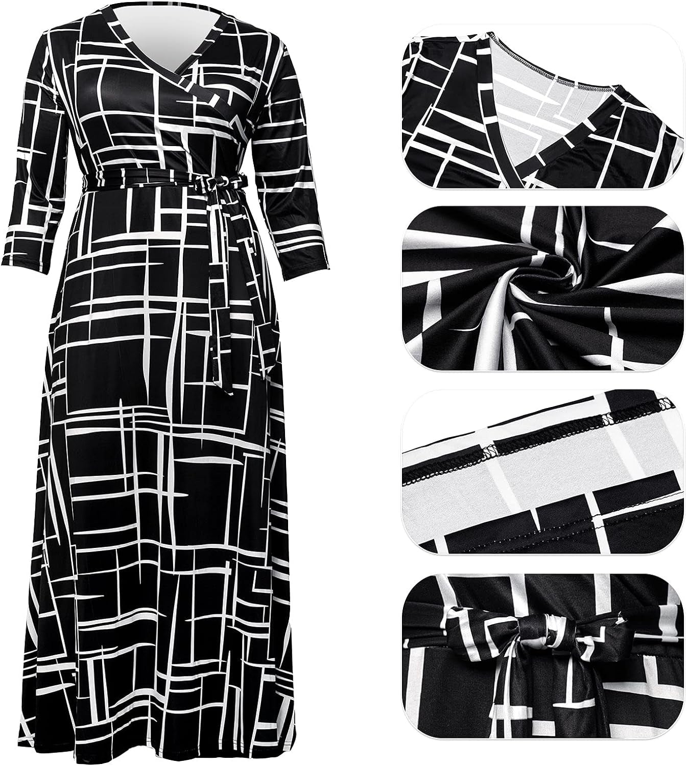 "Chic Plus Size Floral Maxi Dress for Women - Flowy 3/4 Sleeve with Stylish Belt"