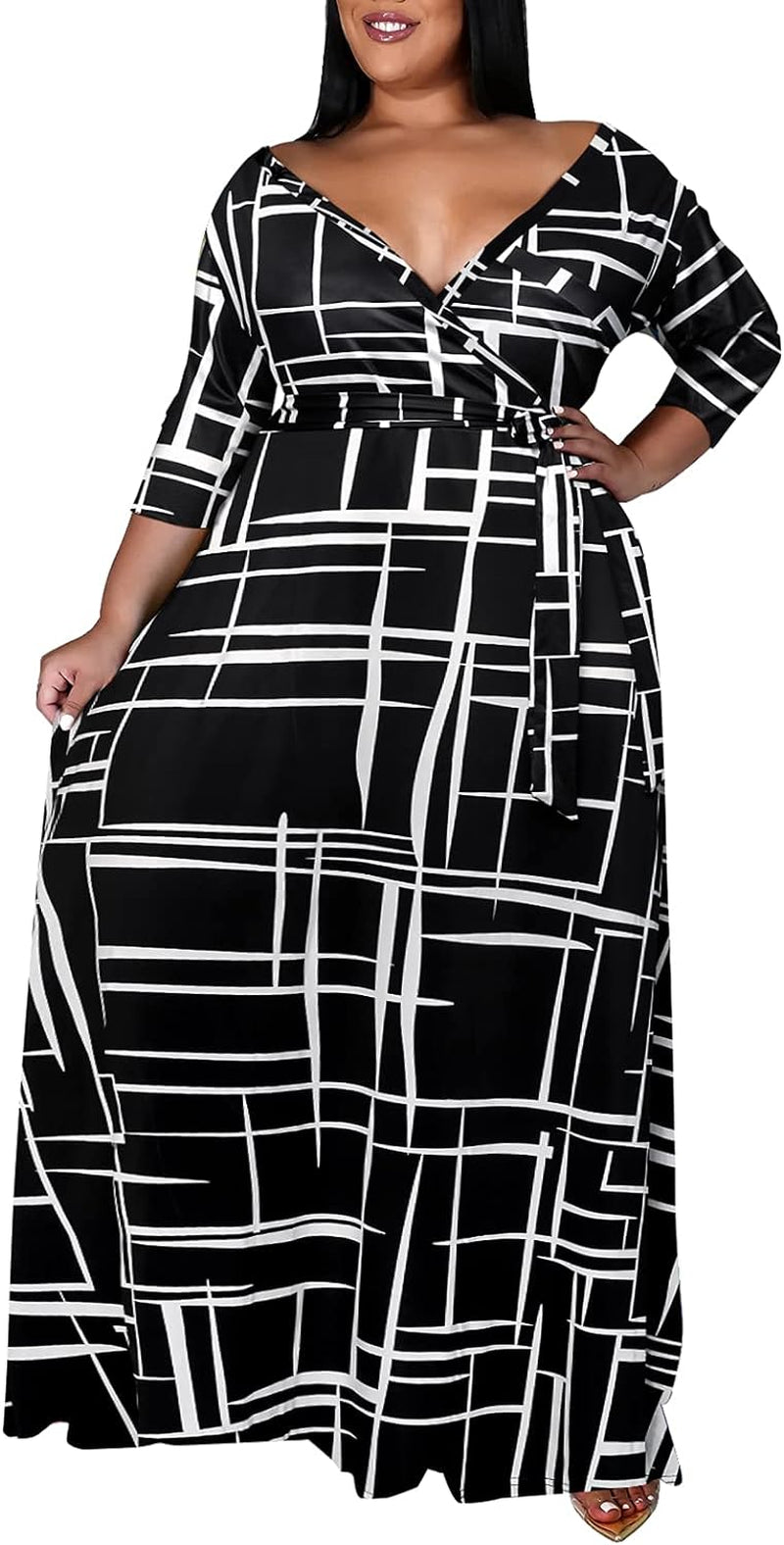 "Chic Plus Size Floral Maxi Dress for Women - Flowy 3/4 Sleeve with Stylish Belt"