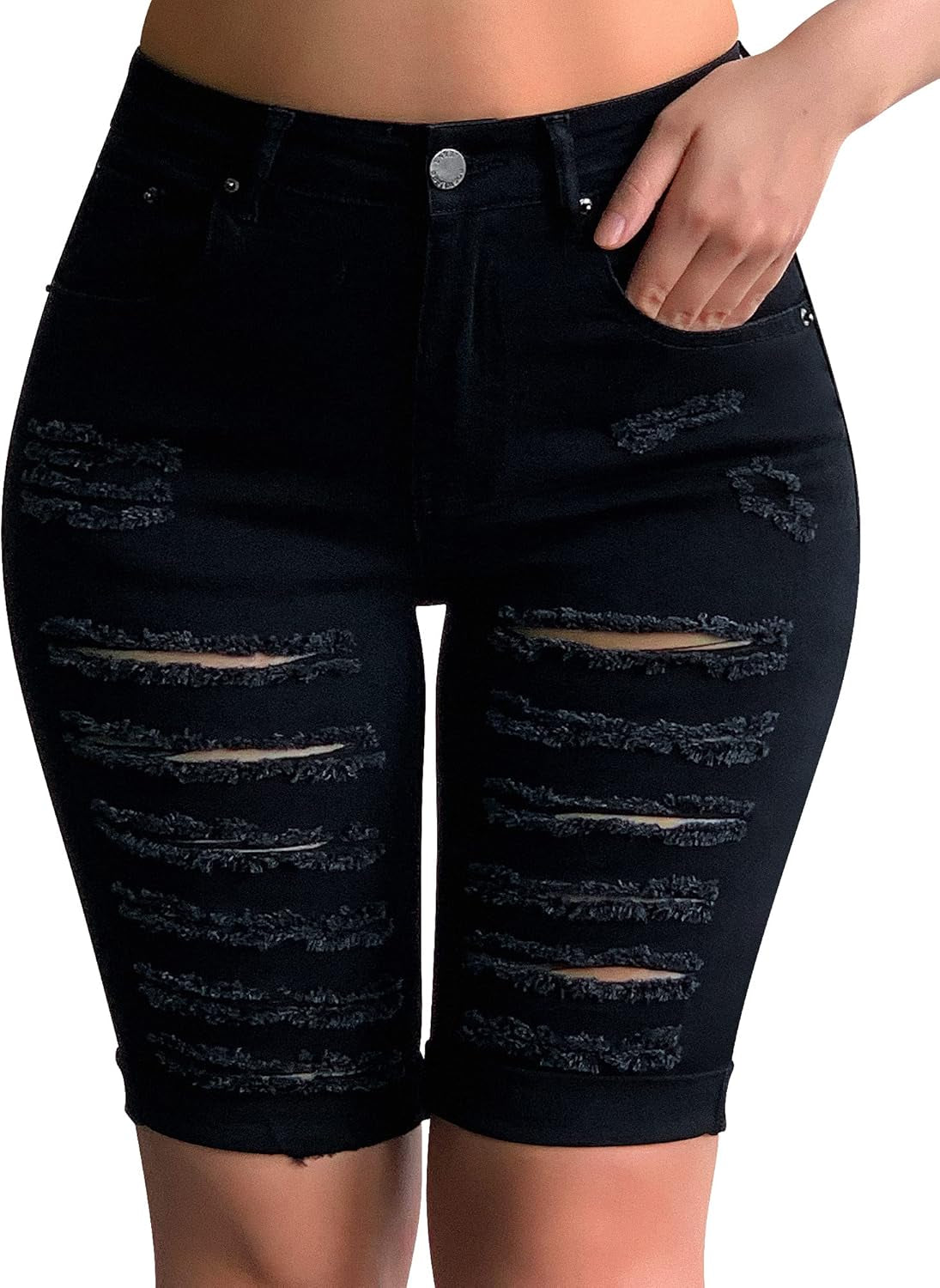 Women'S Distressed Knee Length Ripped Stretchy Jean Shorts
